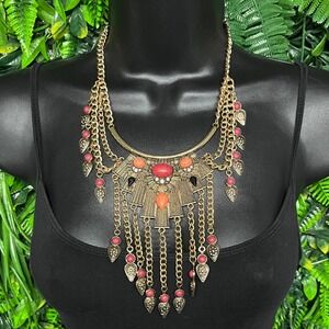 Gold Tone Boho Statement Bib Necklace Red Orange Faux Stone Geometric Fringe